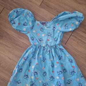 Disney Blue Stitch Print Puff-Sleeve Dress